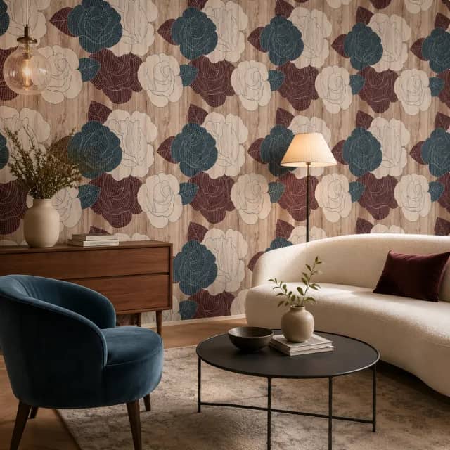 Beige rose wallpaper installed behind a bed in a calm bedroom