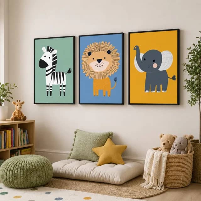 Kids safari animal panels in black frames in a reading and play corner