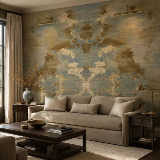 Blue gold mural installed in a refined living room