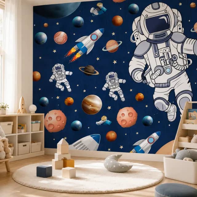 Planets and stars mural in a kids playroom