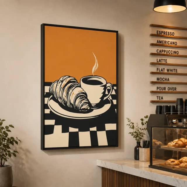 Croissant and coffee artwork in a black frame on a cafe wall beside an espresso counter
