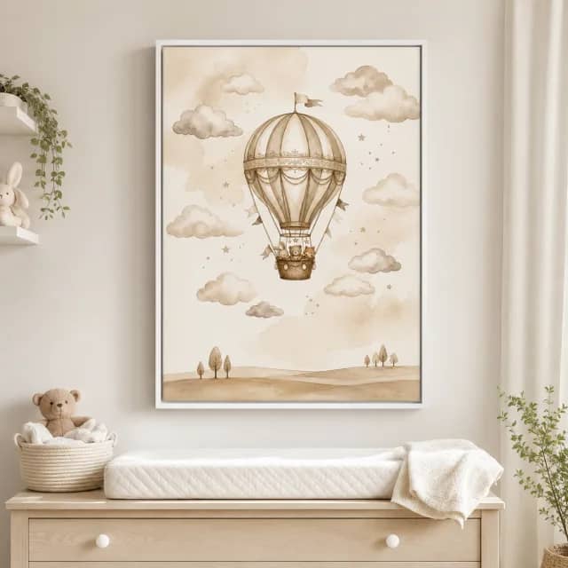 Quiet Dream Flight in a white frame above a minimal baby changing dresser.