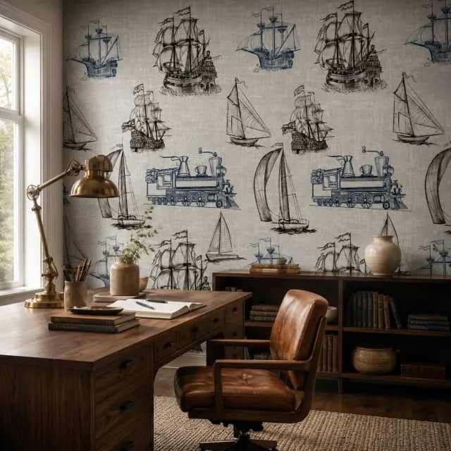 Sailing ship wallpaper behind a classic wooden study desk