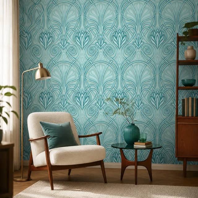 Turquoise Art Nouveau wallpaper in an elegant reading lounge
