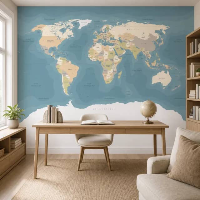 Blue world map mural installed in a contemporary study