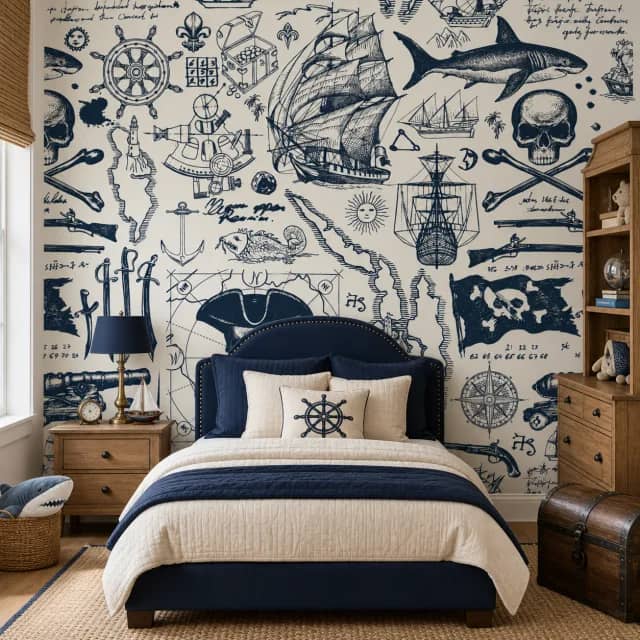 Nautical children's room with navy pirate ship wallpaper