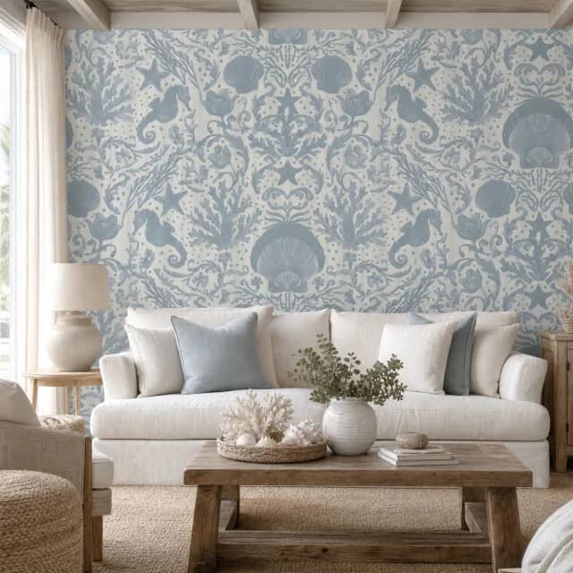 Blue marine mural in a coastal living room
