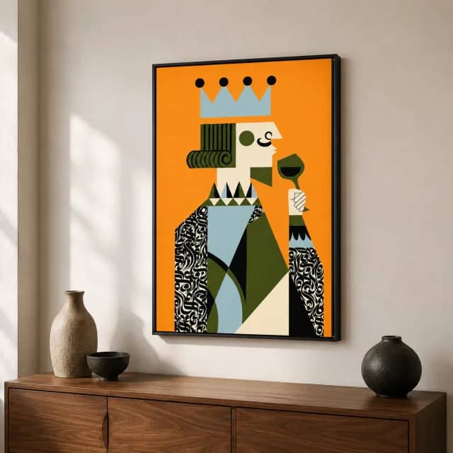 Orange Crowned King in a slim black frame above a wooden console in a calm living space