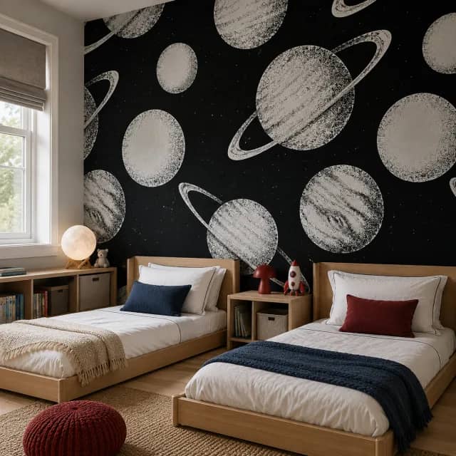 Planets wallpaper installed behind two children's beds in a shared bedroom