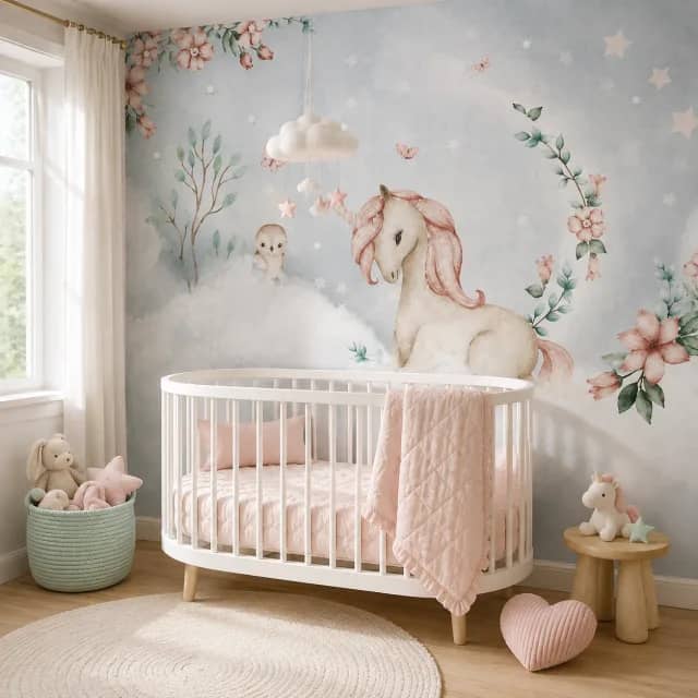 Design preview of unicorn wallpaper with clouds and flowers