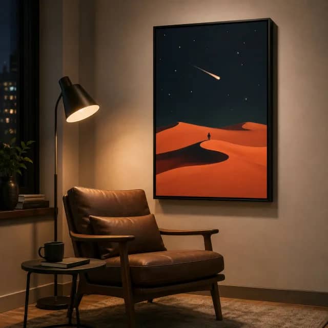 Meteor Path Over the Dunes in a black frame above a quiet reading chair