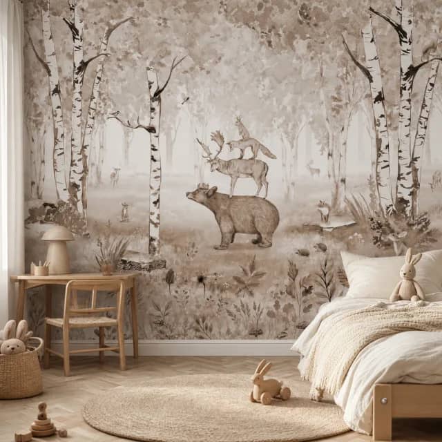 Birchwood animal mural installed in a warm children's bedroom