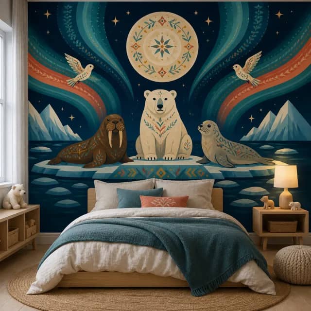 Arctic animals mural in a navy and teal children's bedroom