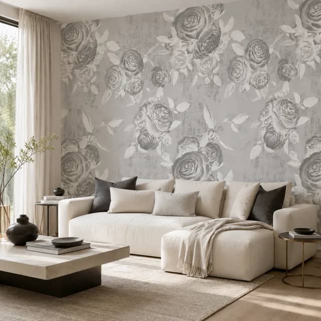 Grey rose wallpaper installed in an elegant living room