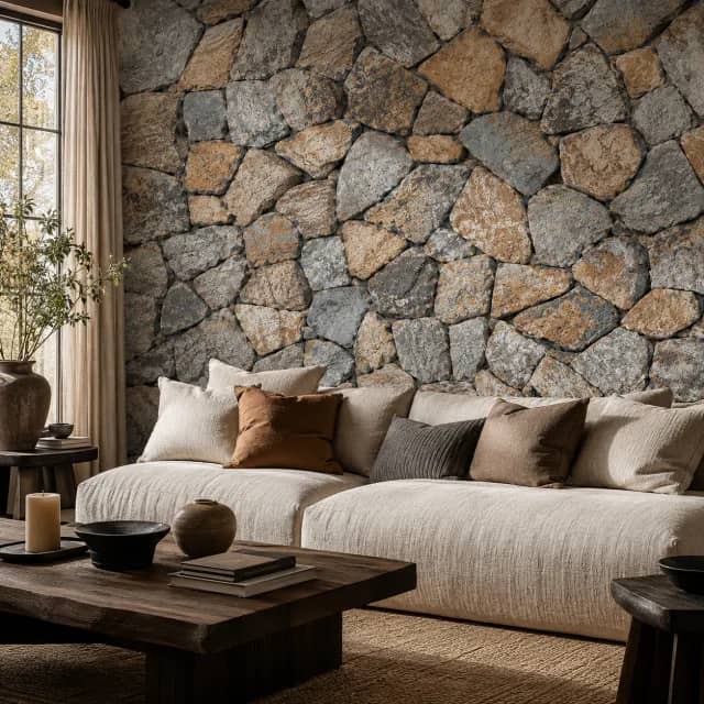 Natural stone mural installed on a living room wall with a light sofa and dark wood table