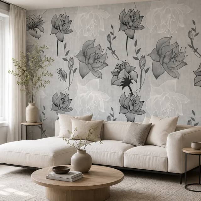 Gray floral wallpaper installed behind a sofa in a modern living room
