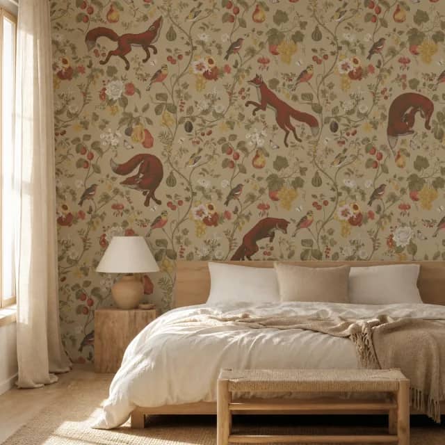 Cream fox wallpaper mural in a bright bedroom