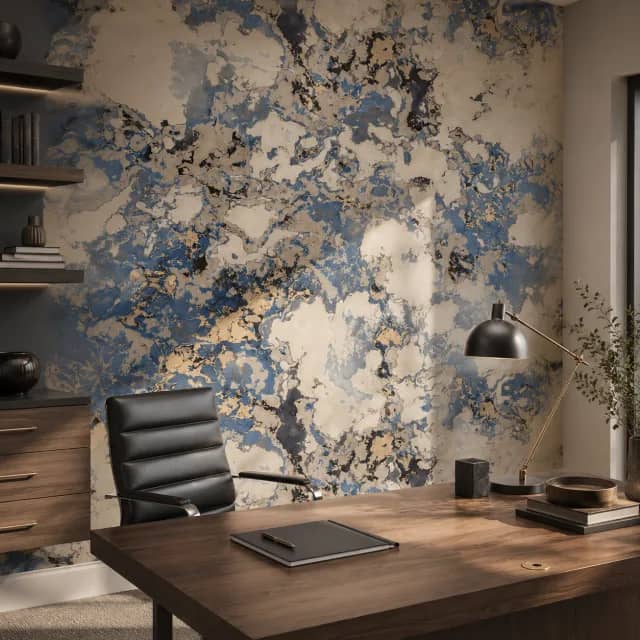 Blue abstract marble wallpaper mural in a luxury home office