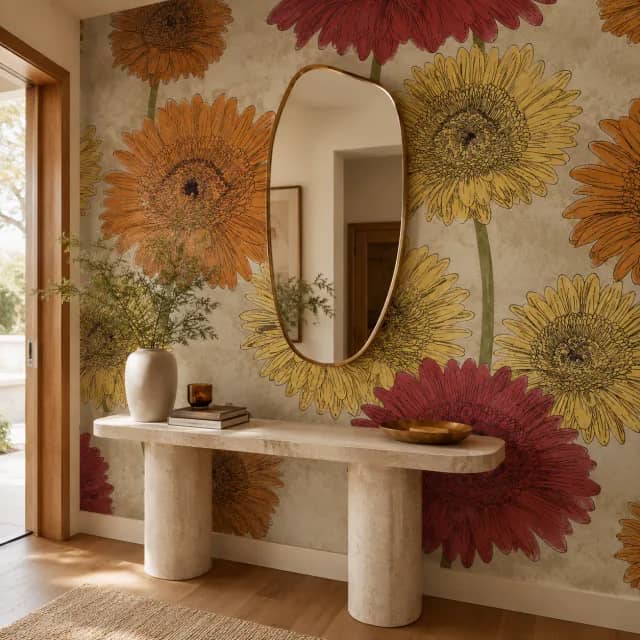 Gerbera floral mural installed behind an elegant entry console