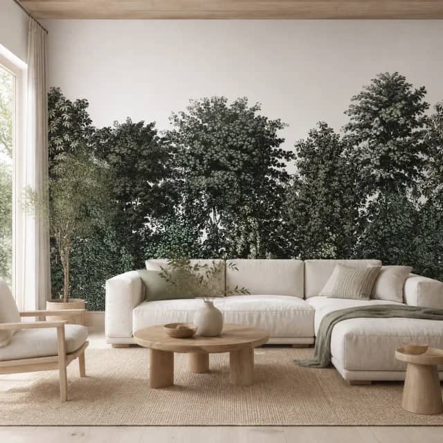 Green forest mural on an airy contemporary living room wall