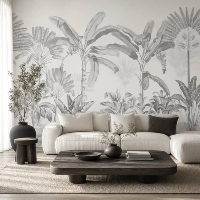 Monochrome tropical mural installed in a modern living room