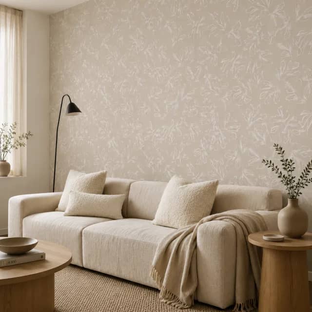 Beige leaf wallpaper behind a light sofa in a calm living room