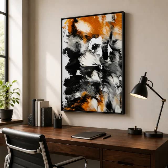 Amber Current artwork above a wooden desk with black task lighting
