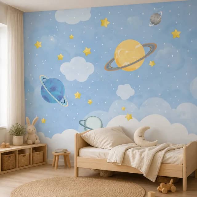 Blue planet mural on the wall of a calm pale-wood children’s bedroom