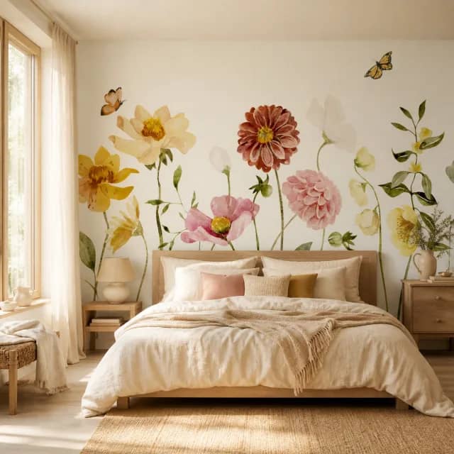Wildflower and butterfly mural covering a bright bedroom wall