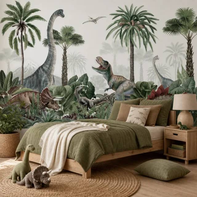 Green dinosaur mural installed in a child's bedroom