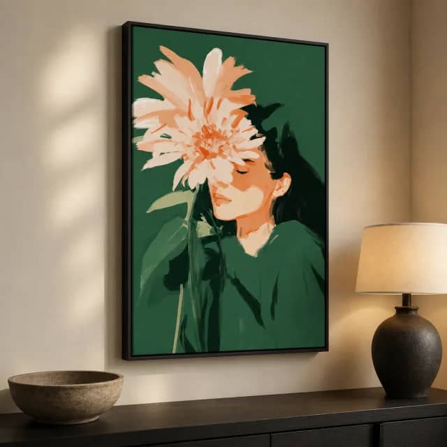 هدوء الزهرة الخضراء داخل إطار أسود فوق طاولة جانبية أنيق بإضاءة دافئة
