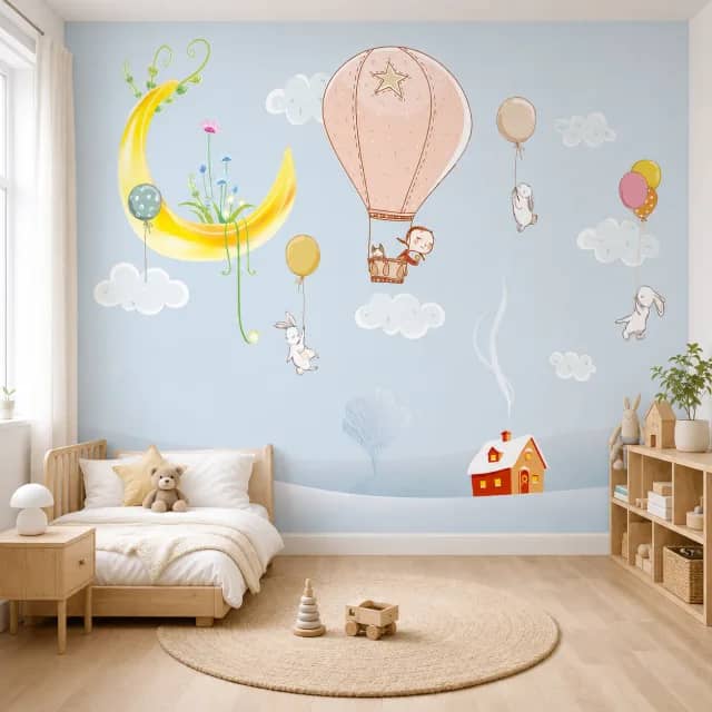 Dream Balloon wallpaper installed in a bright kids bedroom