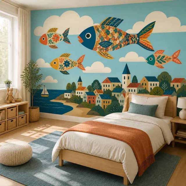 Flying fish coastal village mural in a kids bedroom