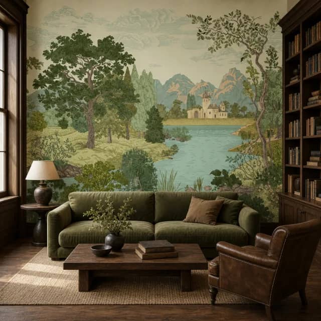 Castle and lake mural in a classic home library