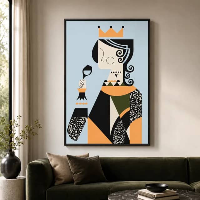 Blue Geometric Queen canvas in a black floater frame above a green sofa in a calm living room