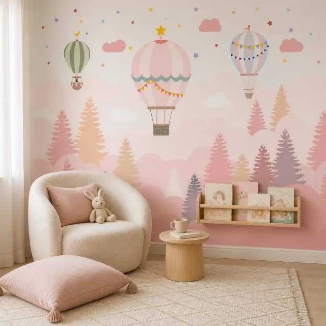 Pastel balloon mural in a calm kids reading nook