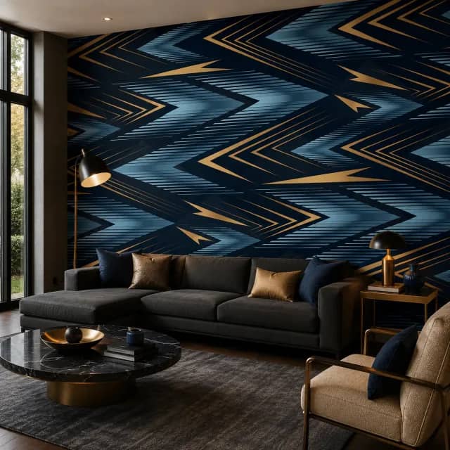 Navy and gold geometric wallpaper in a luxury living room