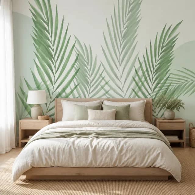 Green palm mural installed in an airy modern bedroom