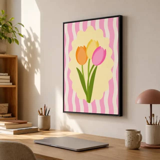Soft Pink Tulips wall art in a black frame inside a bright workspace