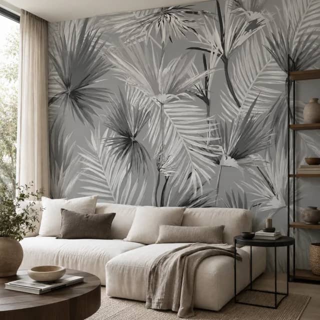 Gray palm leaf wallpaper installed in a modern living room