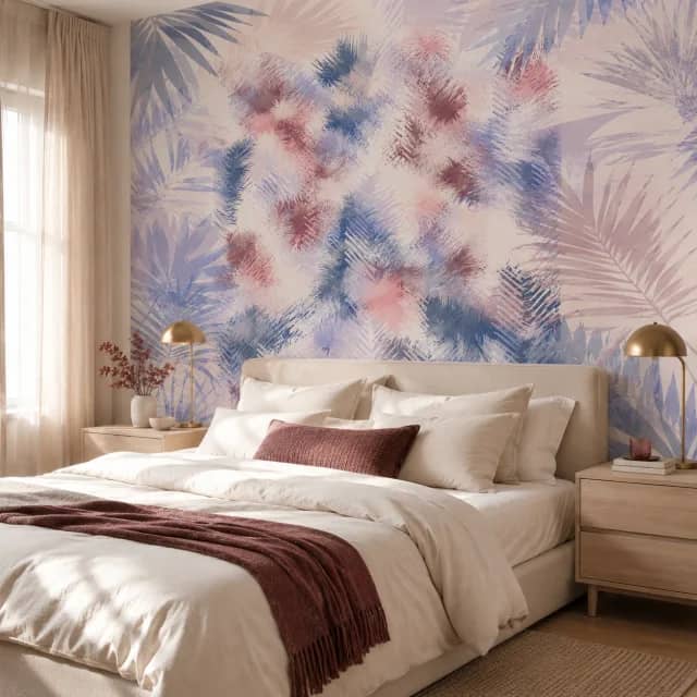 Quiet Pastel Palms wallpaper behind a calm bed with ivory bedding and burgundy accents