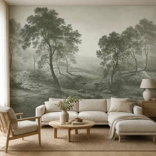 Serene Sage Valley mural installed in a calm living room