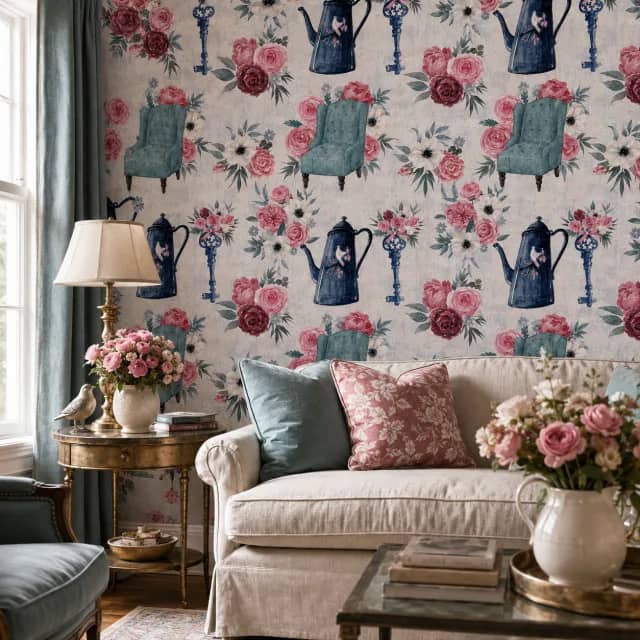 Vintage floral wallpaper installed in an elegant sitting room with sofa and rose accents
