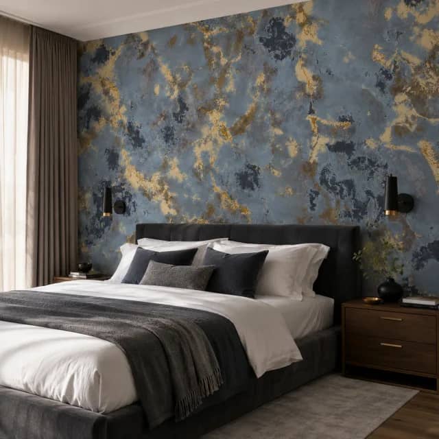 W2-3518 wallpaper installed behind a dark modern bedroom bed