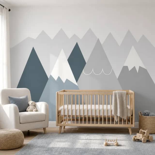 Geometric mountain wallpaper mural in a calm nursery