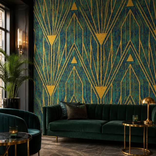 ورق حائط آرت ديكو ذهبي في صالة فندق بوتيك