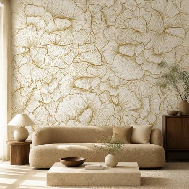 Golden ginkgo leaves mural in an elegant living room