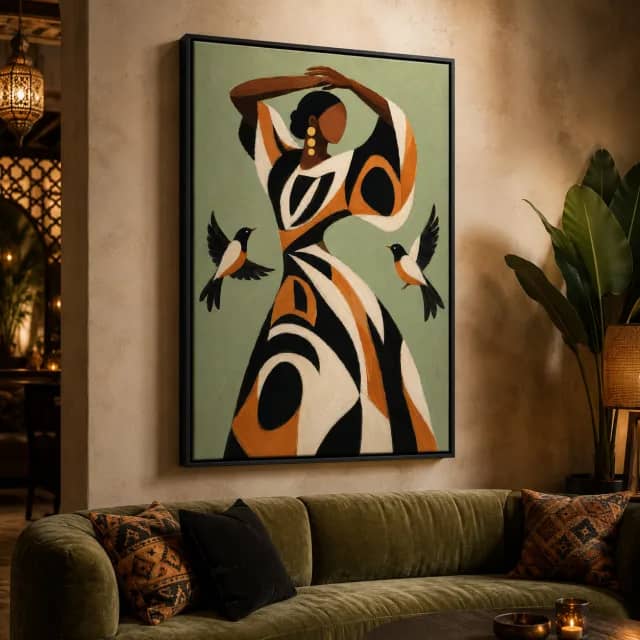 Swallow Dance wall art in a warm lounge with a black frame above an olive sofa.