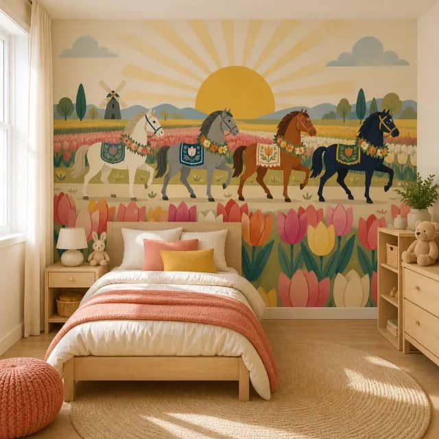 Horse and tulip mural on a bright children's bedroom wall