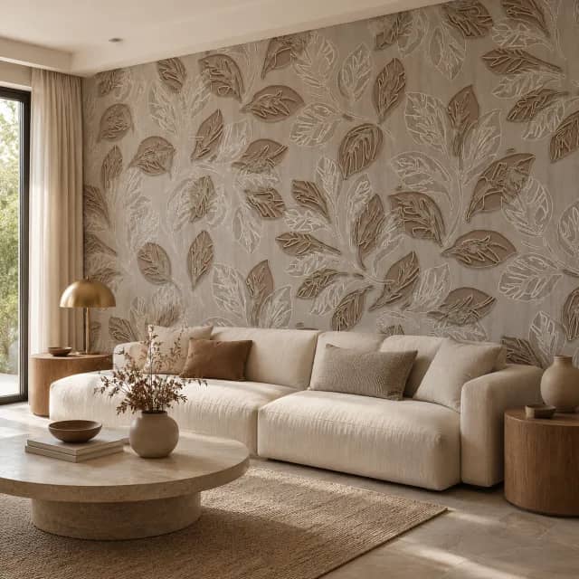 Gold leaf wallpaper installed in a calm contemporary living room